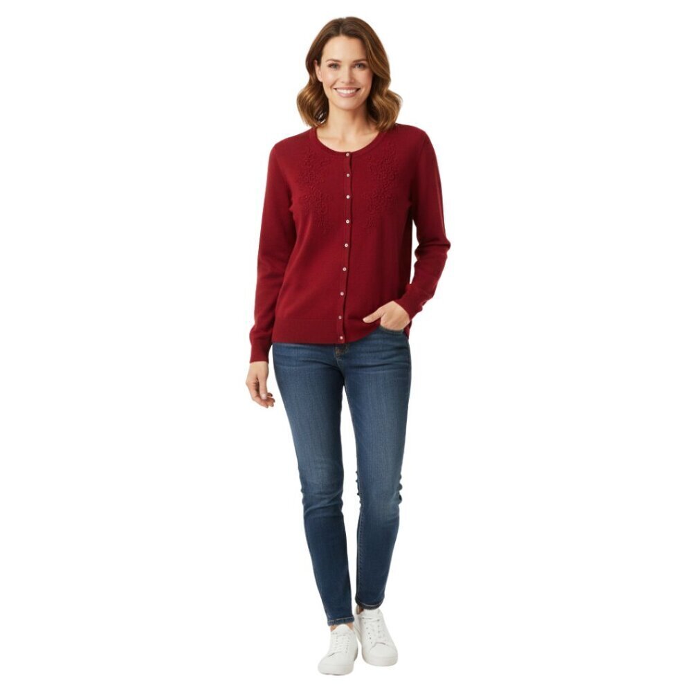JM Collection Red Embroidered Button-Up Cardigan - Size L - Elegant Detail